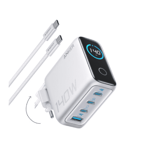 ANKER 140W GaN 4-porta (3x USB-C i 1x USB-A) Zidni punjač sa USB-C MM pletenim kablom Srebrni